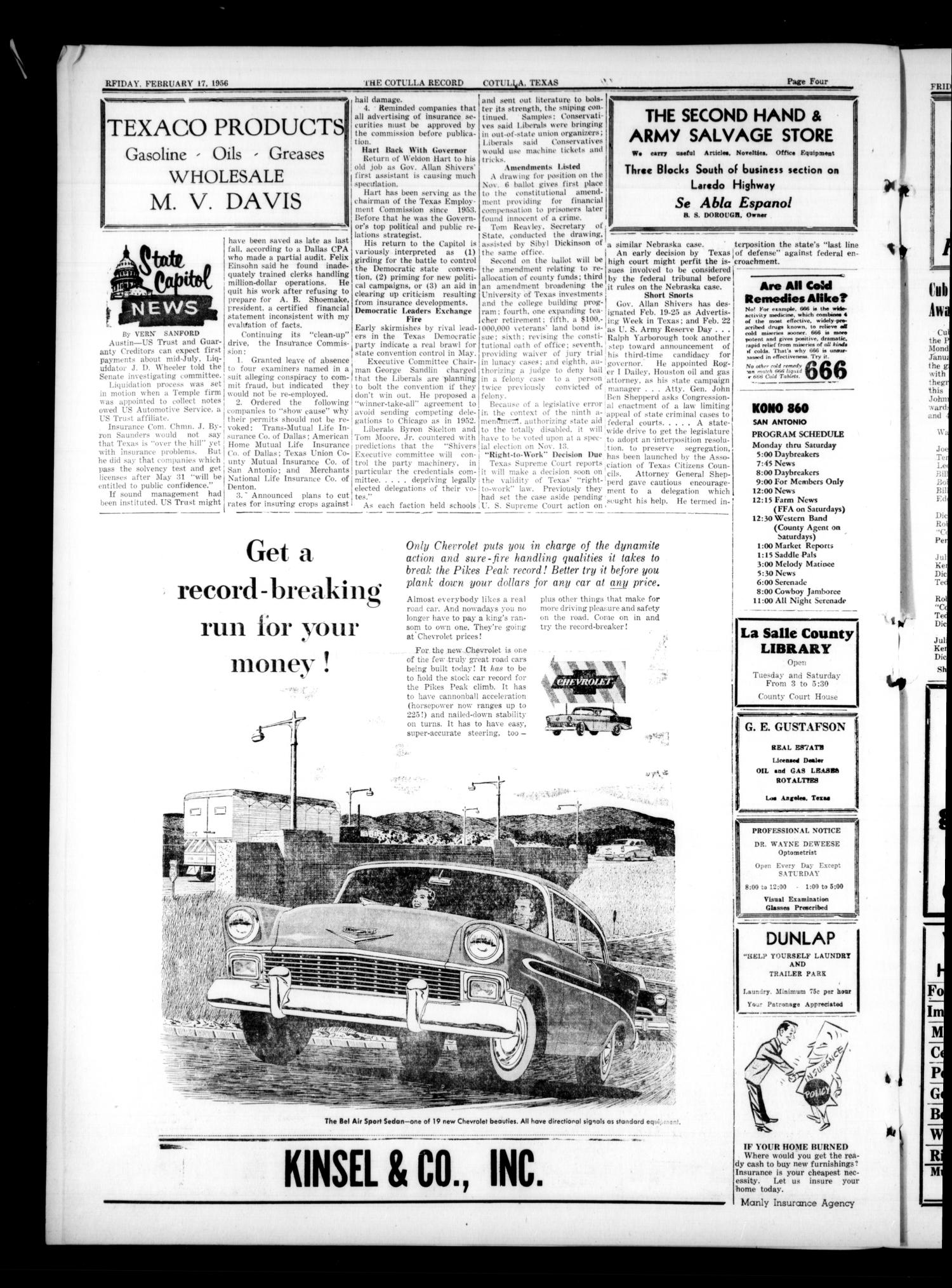 The Cotulla Record (Cotulla, Tex.), Vol. 59, No. 2, Ed. 1 Friday, February 17, 1956
                                                
                                                    [Sequence #]: 4 of 6
                                                