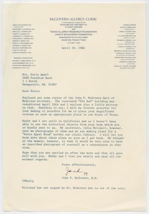 [Letter from Dr. John P. McGovern to Doris Appel, April 29, 1986]