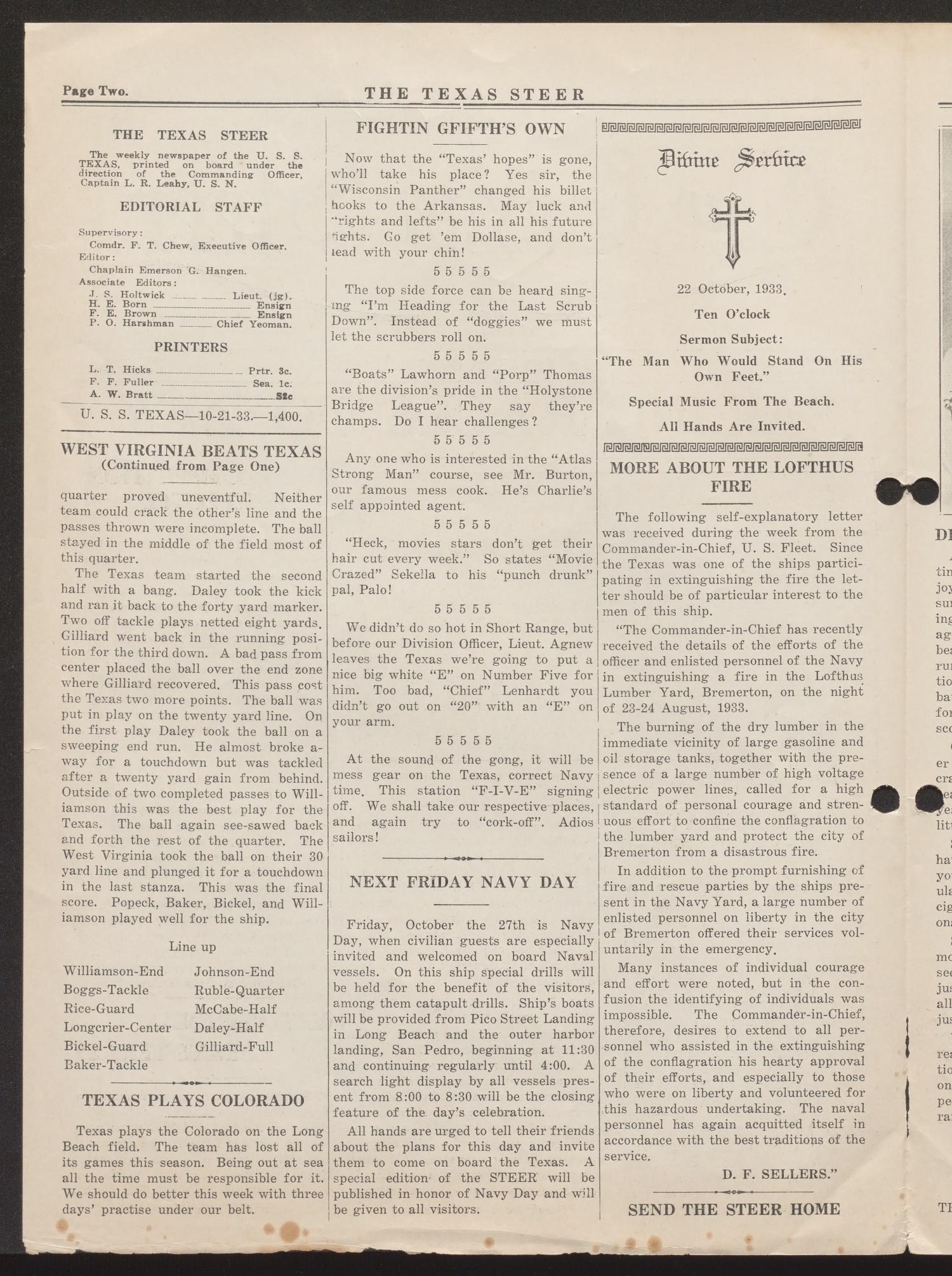 The Texas Steer (U. S. S. Texas), Vol. 4, No. 51, Ed. 1 Saturday, October 21, 1933
                                                
                                                    [Sequence #]: 2 of 4
                                                