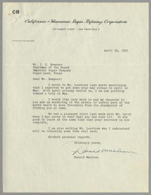 [Letter from Donald Maclean to I. H. Kempner, April 29, 1955]