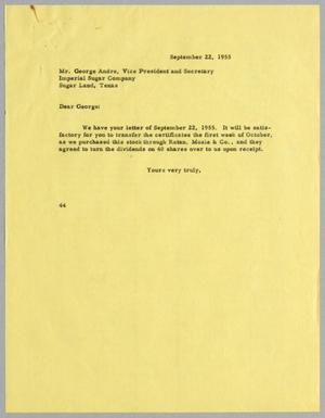 Primary view of object titled '[Letter from A. H. Blackshear, Jr. to George Andre, September 22, 1955]'.