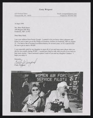 [Letter from Cindy Weigand to Mary Ruth Rance, September 16, 1999]