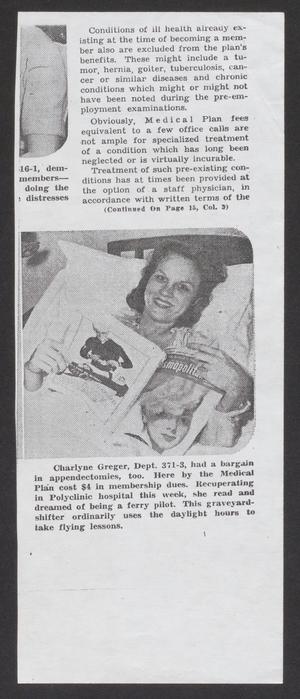 [Clipping: Charlyne Creger at the hospital]