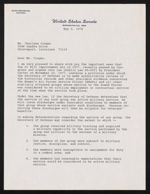 [Letter from Senator Alan Cranston to Charlyne Creger, May 5, 1978]