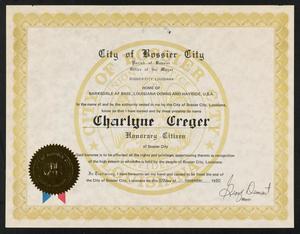 Primary view of object titled '[Honorary Citizen of Bossier Certificate]'.