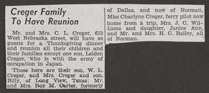 [Clipping: Creger Family To Have Reunion]