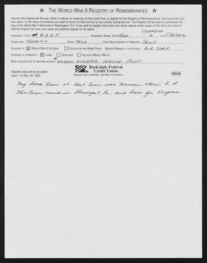 Primary view of object titled '[WWII Registry of Remembrances Form]'.