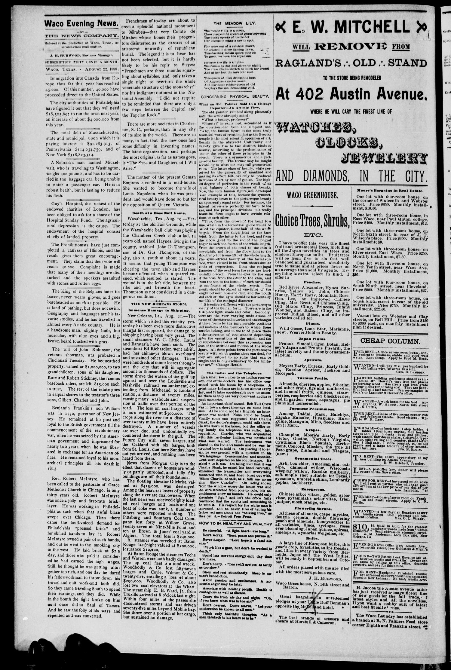 Waco Evening News. (Waco, Tex.), Vol. 1, No. 34, Ed. 1, Wednesday, August 22, 1888
                                                
                                                    [Sequence #]: 2 of 4
                                                