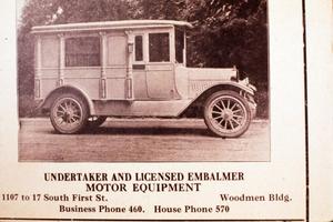 Primary view of object titled '[Photograph of the 1917 Laughter Hearse]'.