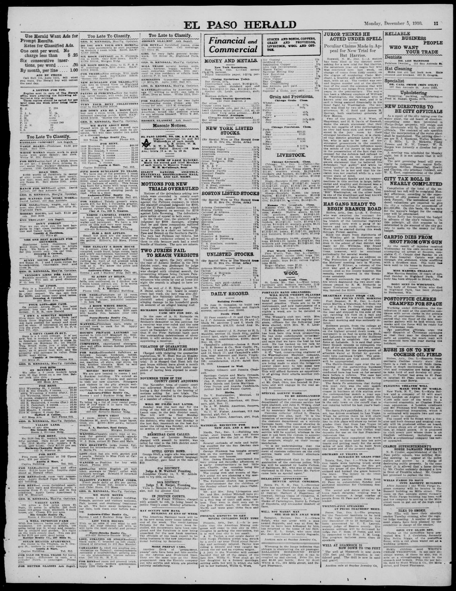 El Paso Herald (El Paso, Tex.), Ed. 1, Monday, December 5, 1910
                                                
                                                    [Sequence #]: 11 of 12
                                                