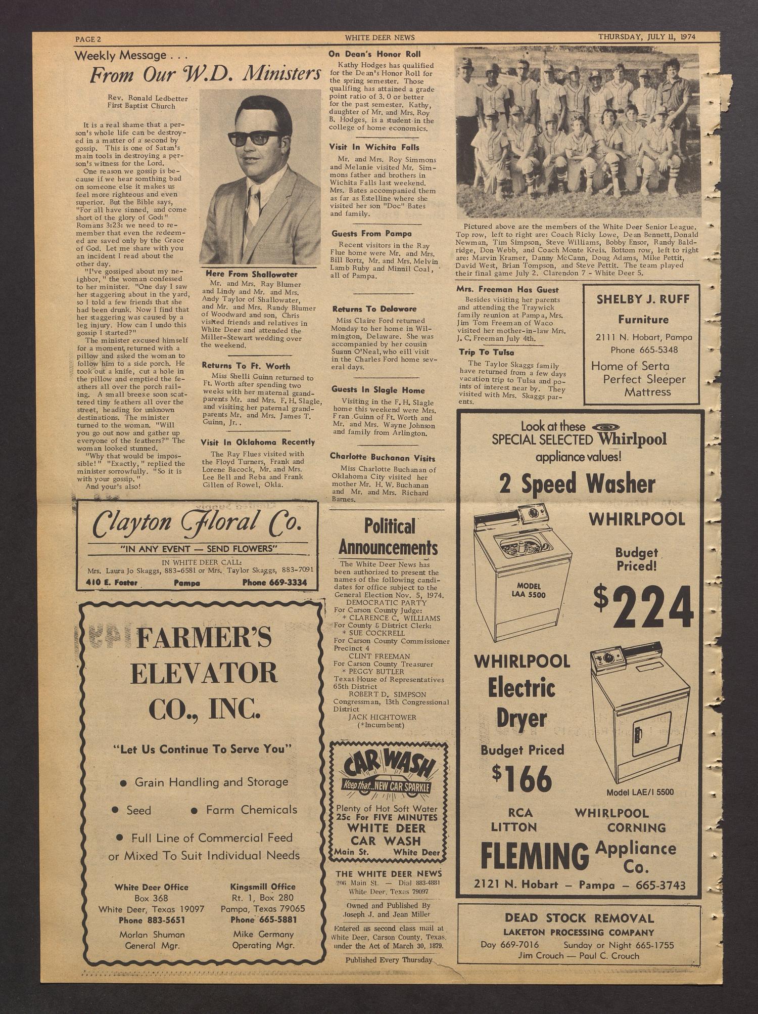 White Deer News (White Deer, Tex.), Vol. 15, No. 20, Ed. 1 Thursday, July 11, 1974
                                                
                                                    [Sequence #]: 2 of 8
                                                