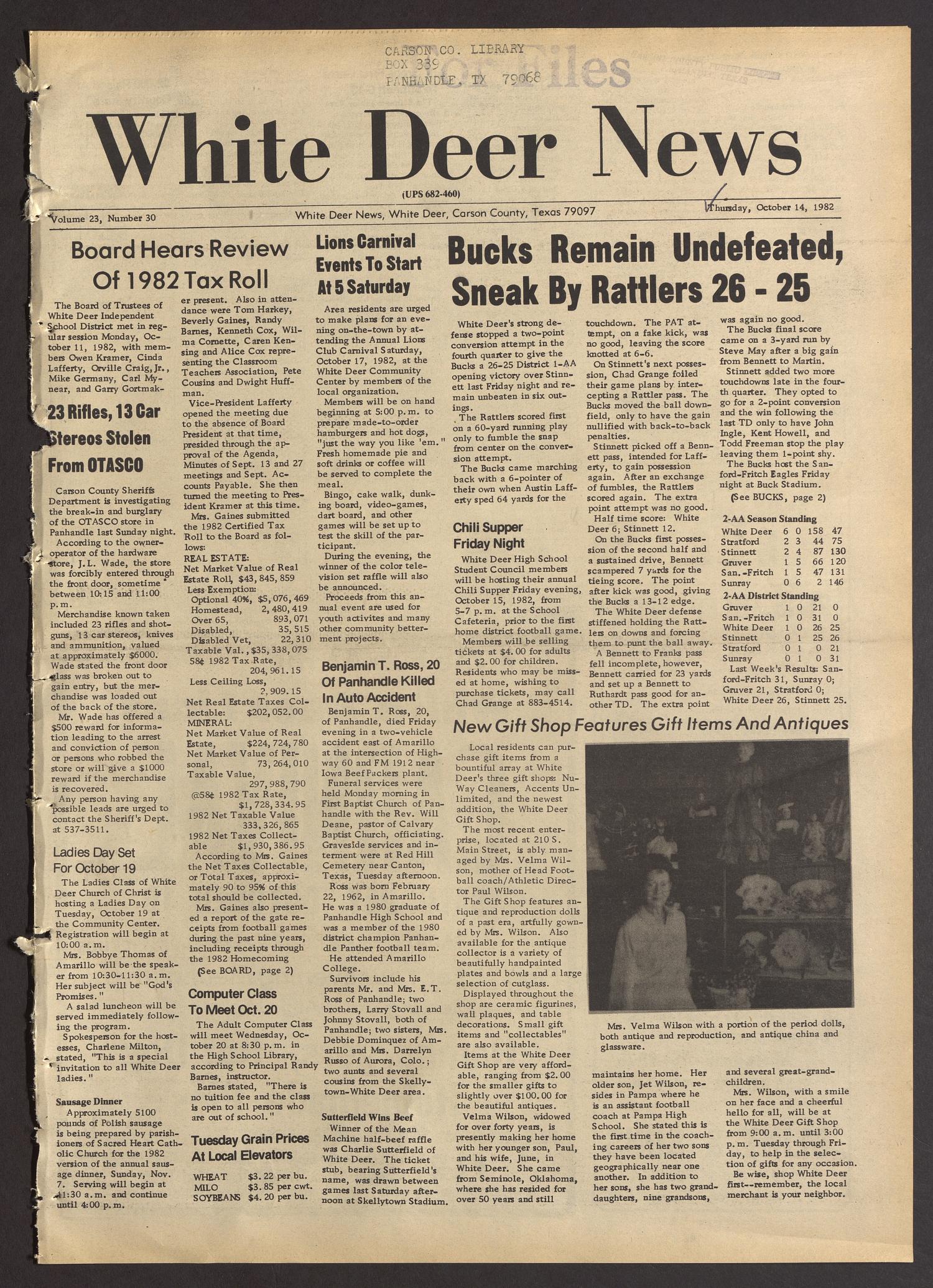 White Deer News (White Deer, Tex.), Vol. 23, No. 30, Ed. 1 Thursday, October 14, 1982
                                                
                                                    [Sequence #]: 1 of 8
                                                