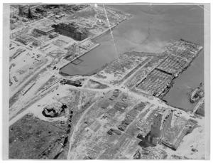 [Aerial view of the grain elevator, the Monsanto building and the Wilson B. Keene after the 1947 Texas City Disaster]