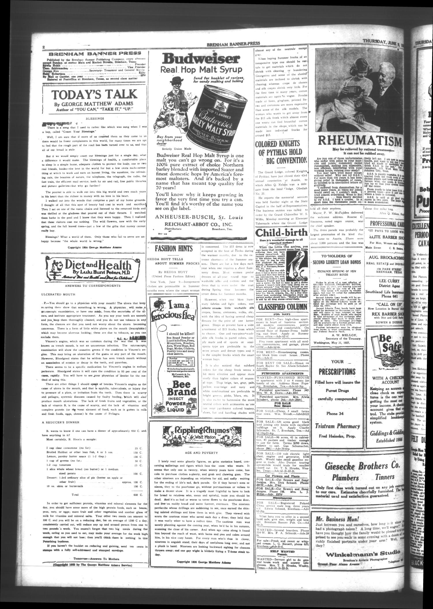 Brenham Banner-Press (Brenham, Tex.), Vol. 44, No. 63, Ed. 1 Thursday, June 9, 1927
                                                
                                                    [Sequence #]: 2 of 4
                                                