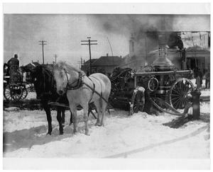 [Horse-Drawn Fire Engine at Fire Scene]
