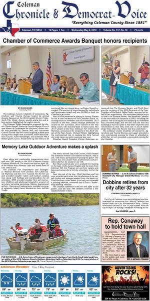 Primary view of Coleman Chronicle & Democrat-Voice (Coleman, Tex.), Vol. 137, No. 18, Ed. 1 Wednesday, May 2, 2018