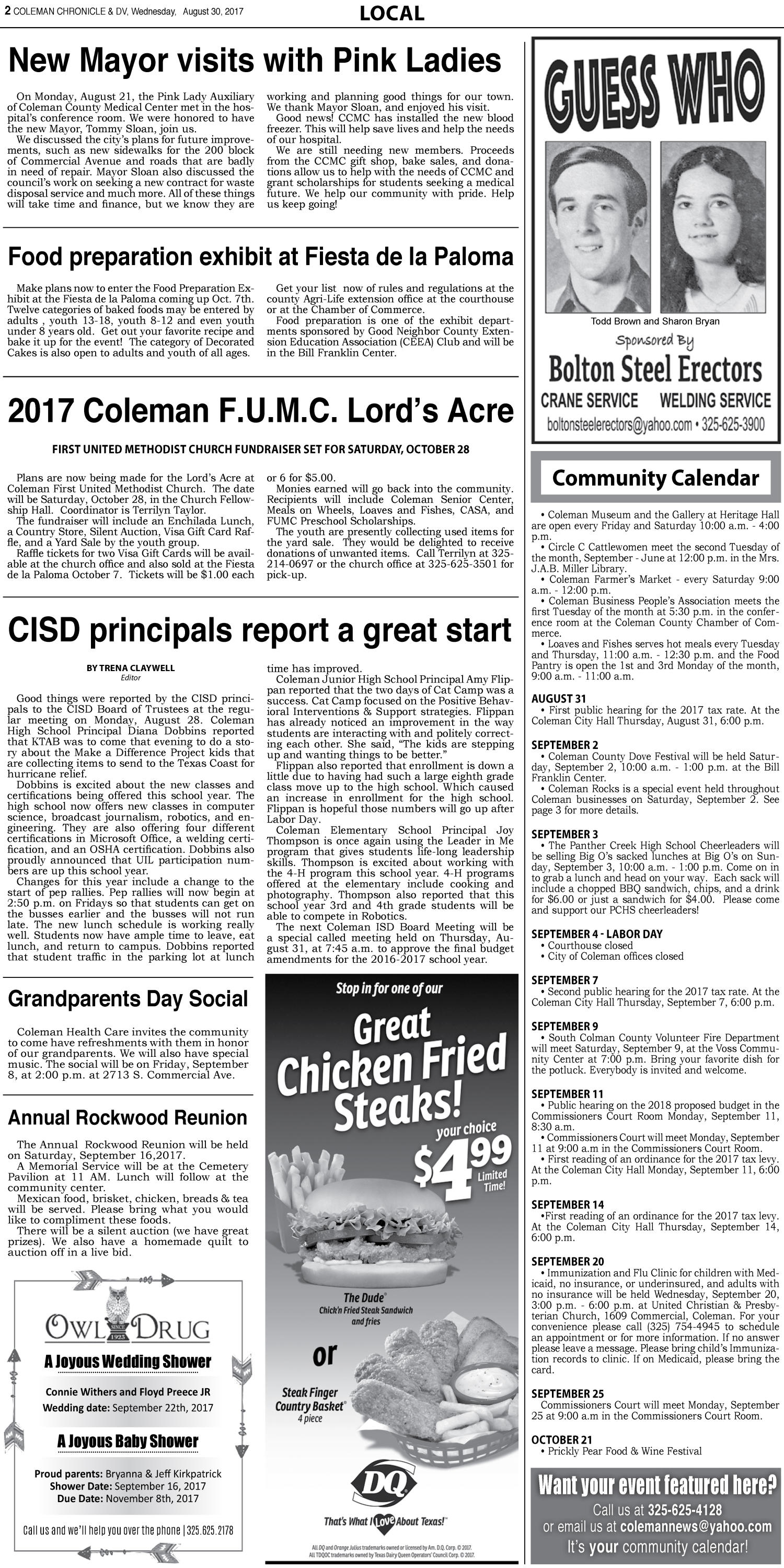 Coleman Chronicle & Democrat-Voice (Coleman, Tex.), Vol. 136, No. 35, Ed. 1 Wednesday, August 30, 2017
                                                
                                                    [Sequence #]: 2 of 12
                                                