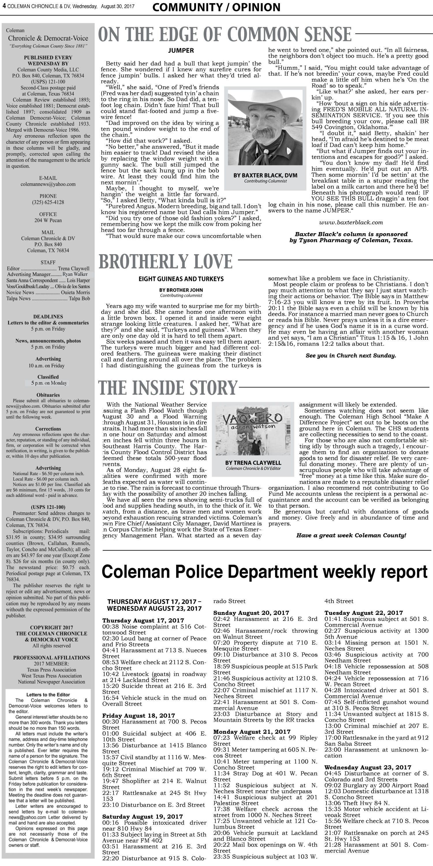 Coleman Chronicle & Democrat-Voice (Coleman, Tex.), Vol. 136, No. 35, Ed. 1 Wednesday, August 30, 2017
                                                
                                                    [Sequence #]: 4 of 12
                                                