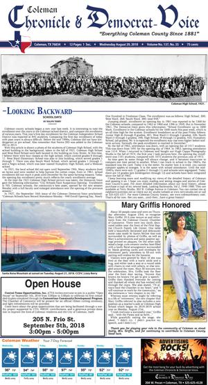 Primary view of Coleman Chronicle & Democrat-Voice (Coleman, Tex.), Vol. 137, No. 35, Ed. 1 Wednesday, August 29, 2018