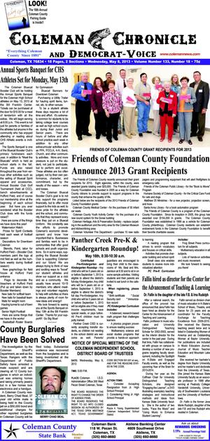 Coleman Chronicle and Democrat-Voice (Coleman, Tex.), Vol. 133, No. 18, Ed. 1 Wednesday, May 8, 2013