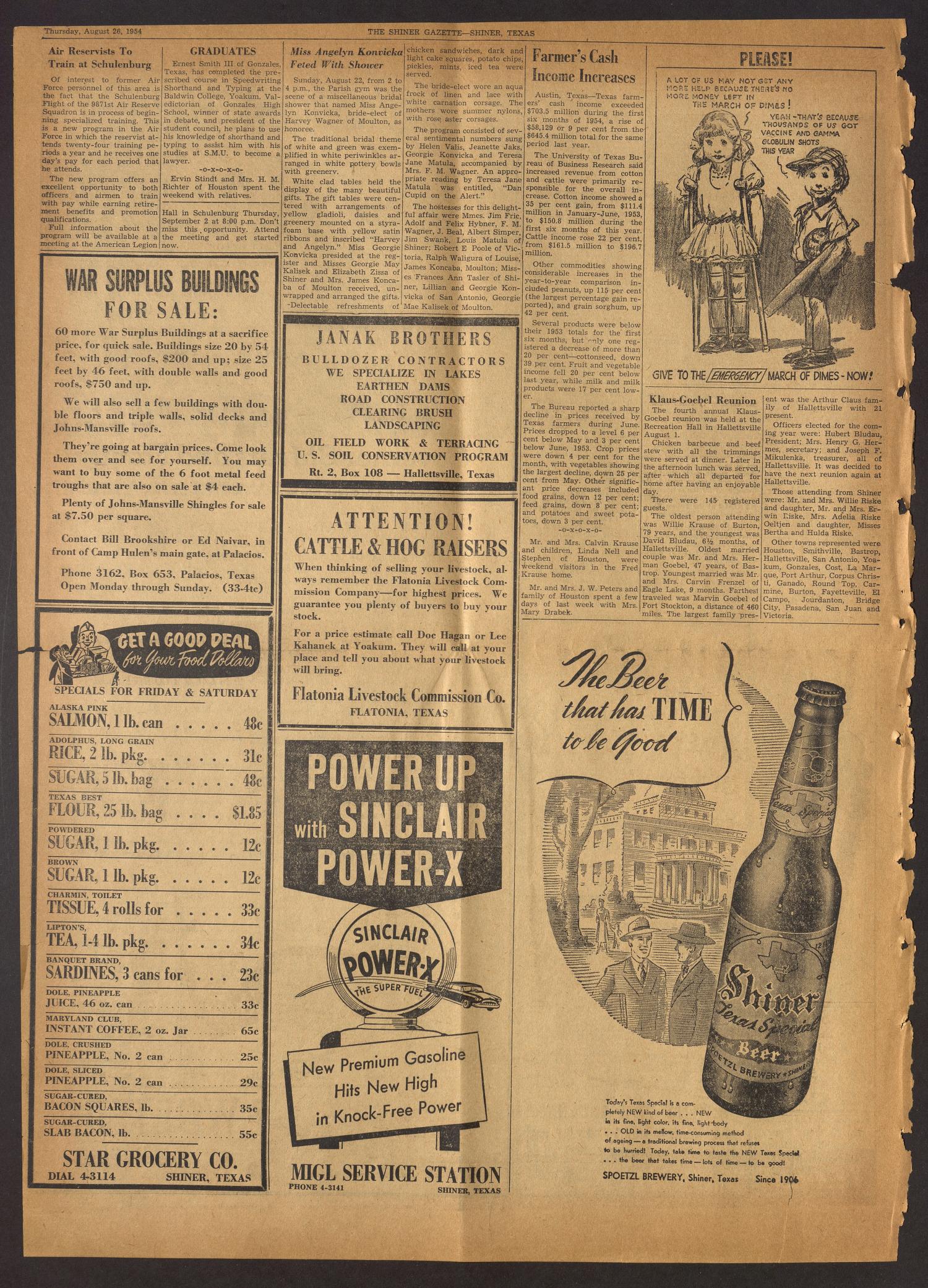 The Shiner Gazette (Shiner, Tex.), Vol. 62, No. 34, Ed. 1 Thursday, August 26, 1954
                                                
                                                    [Sequence #]: 4 of 12
                                                