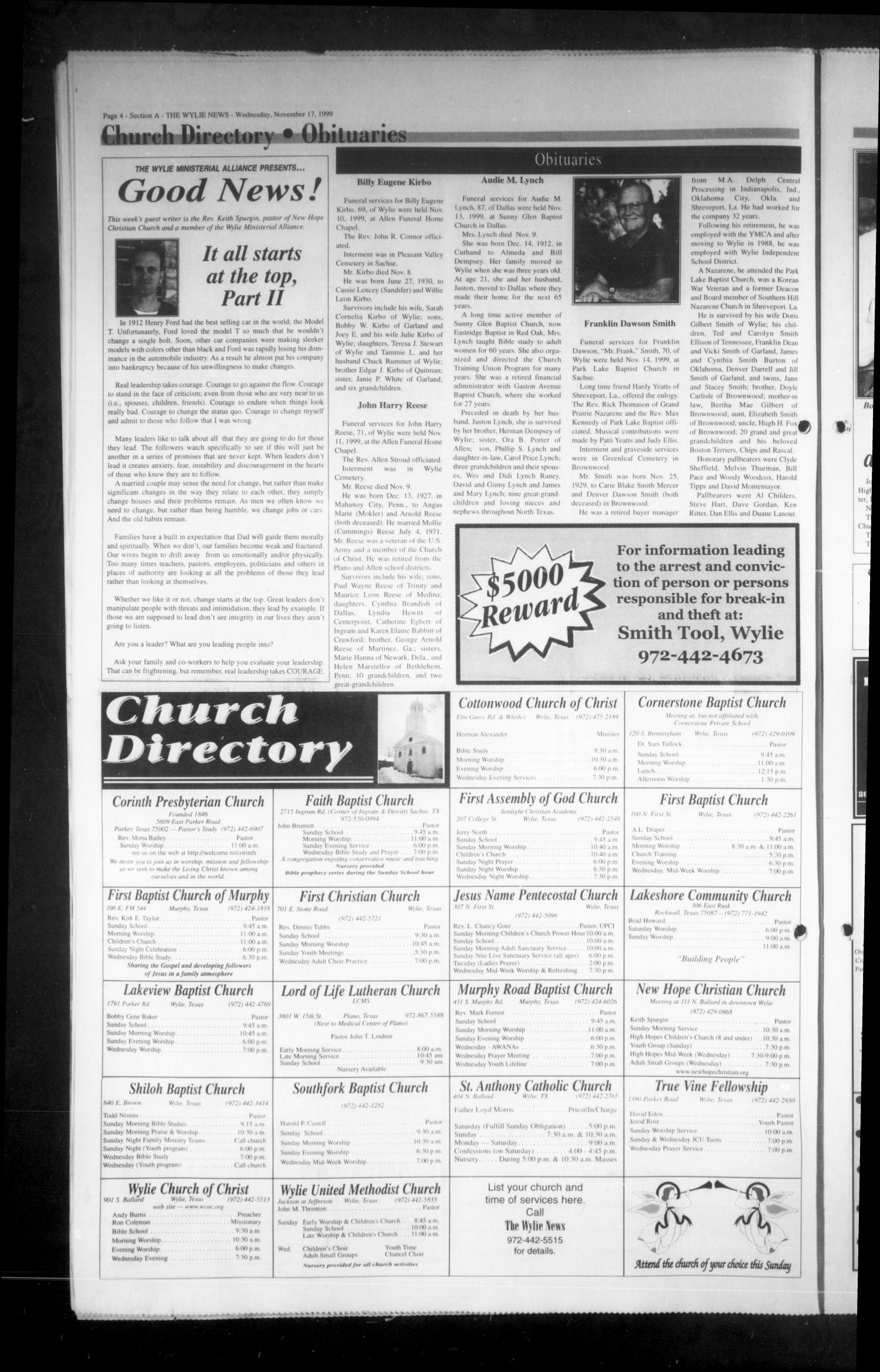The Wylie News (Wylie, Tex.),, Vol. 53, No. 25, Ed. 1 Wednesday, November 17, 1999
                                                
                                                    [Sequence #]: 4 of 22
                                                