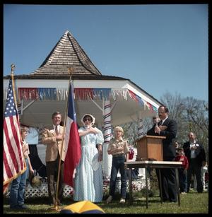 [Gib Lewis and Mark Stiles in Front of Pavilion During Texas Sesquicentennial Celebration]