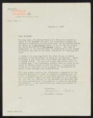 Primary view of object titled '[Letter from Jacqueline Cochran to the Marjorie Wakeham, January 4, 1949]'.