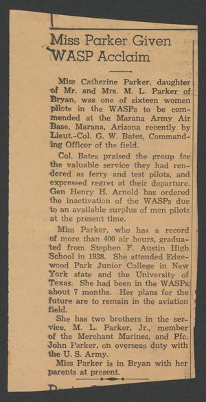 Primary view of object titled '[Clipping: Miss Parker Given WASP Acclaim]'.