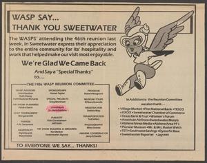 Primary view of object titled '[Clipping: WASP Say... Thank You Sweetwater]'.