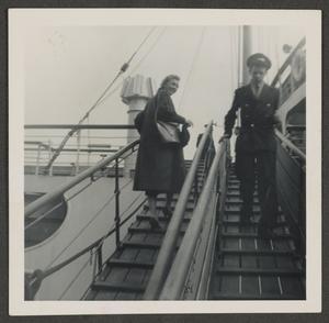 Primary view of object titled '[Dolores Lamb Boarding a Ship]'.