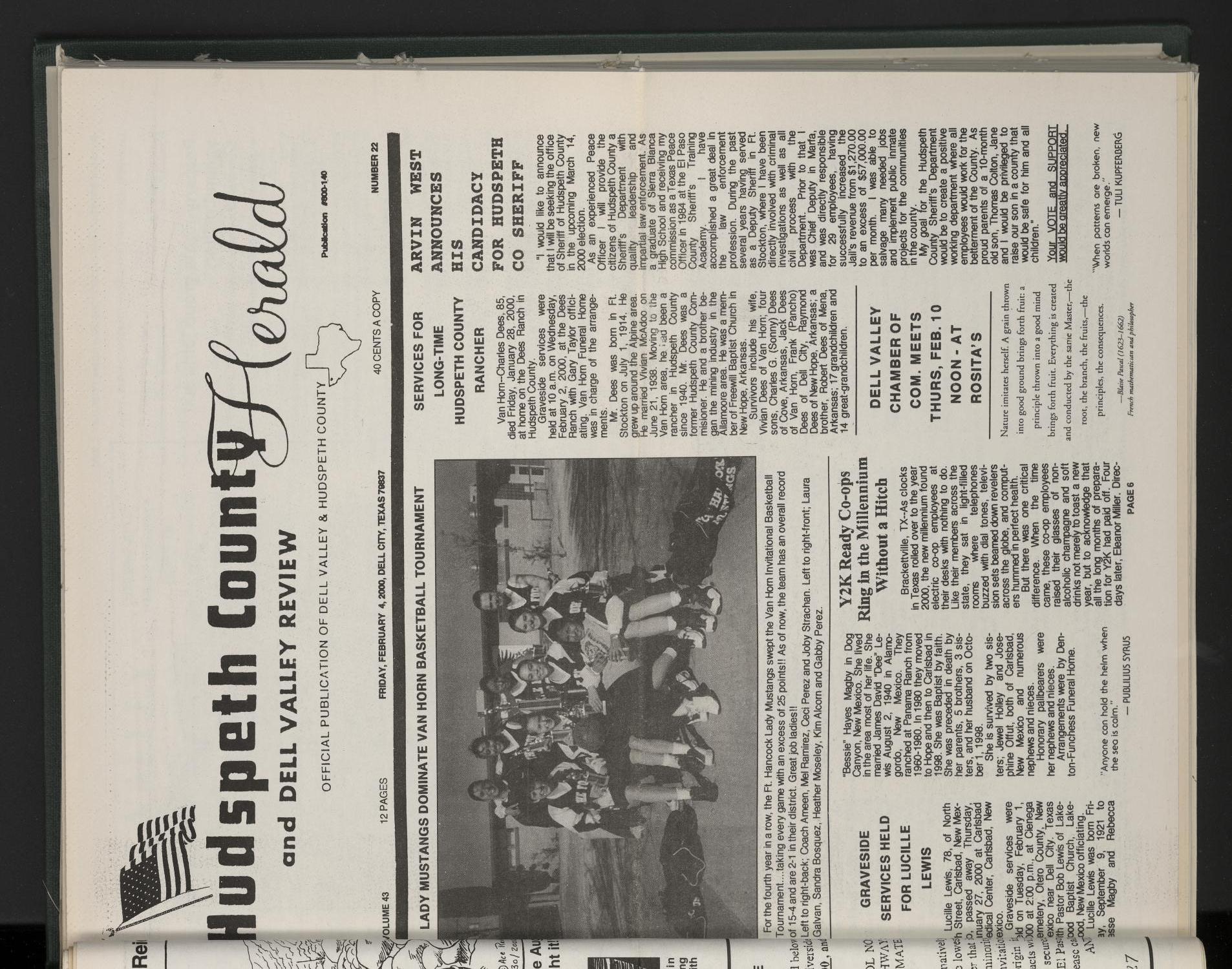 Hudspeth County Herald and Dell Valley Review (Dell City, Tex.), Vol. 43, No. 22, Ed. 1 Friday, February 4, 2000
                                                
                                                    [Sequence #]: 1 of 12
                                                