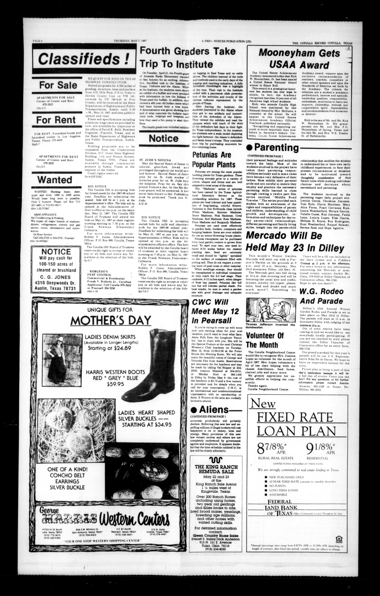 The Cotulla Record (Cotulla, Tex.), Ed. 1 Thursday, May 7, 1987
                                                
                                                    [Sequence #]: 4 of 4
                                                