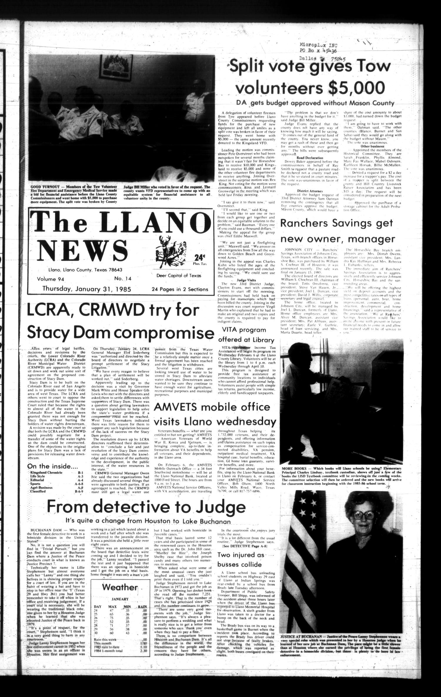 The Llano News (Llano, Tex.), Vol. 94, No. 14, Ed. 1 Thursday, January 31, 1985
                                                
                                                    [Sequence #]: 1 of 24
                                                