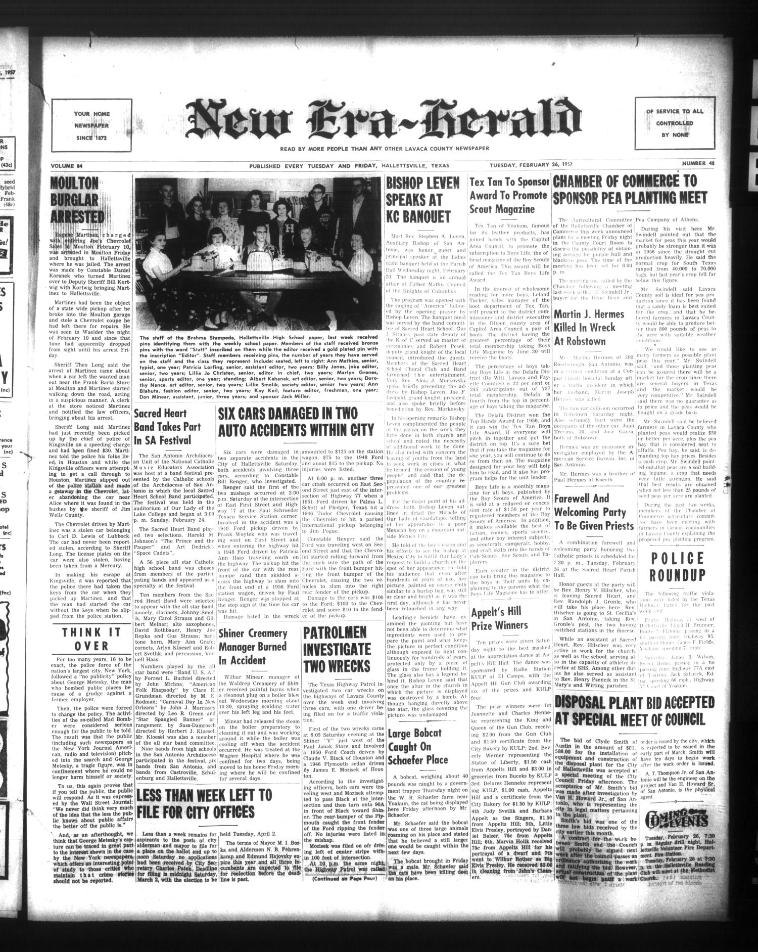 New Era-Herald (Hallettsville, Tex.), Vol. 84, No. 48, Ed. 1 Tuesday, February 26, 1957
                                                
                                                    [Sequence #]: 1 of 6
                                                