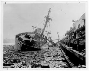 [Wrecked fore end of the Wilson B. Keene in Main Slip after the 1947 Texas City Disaster]