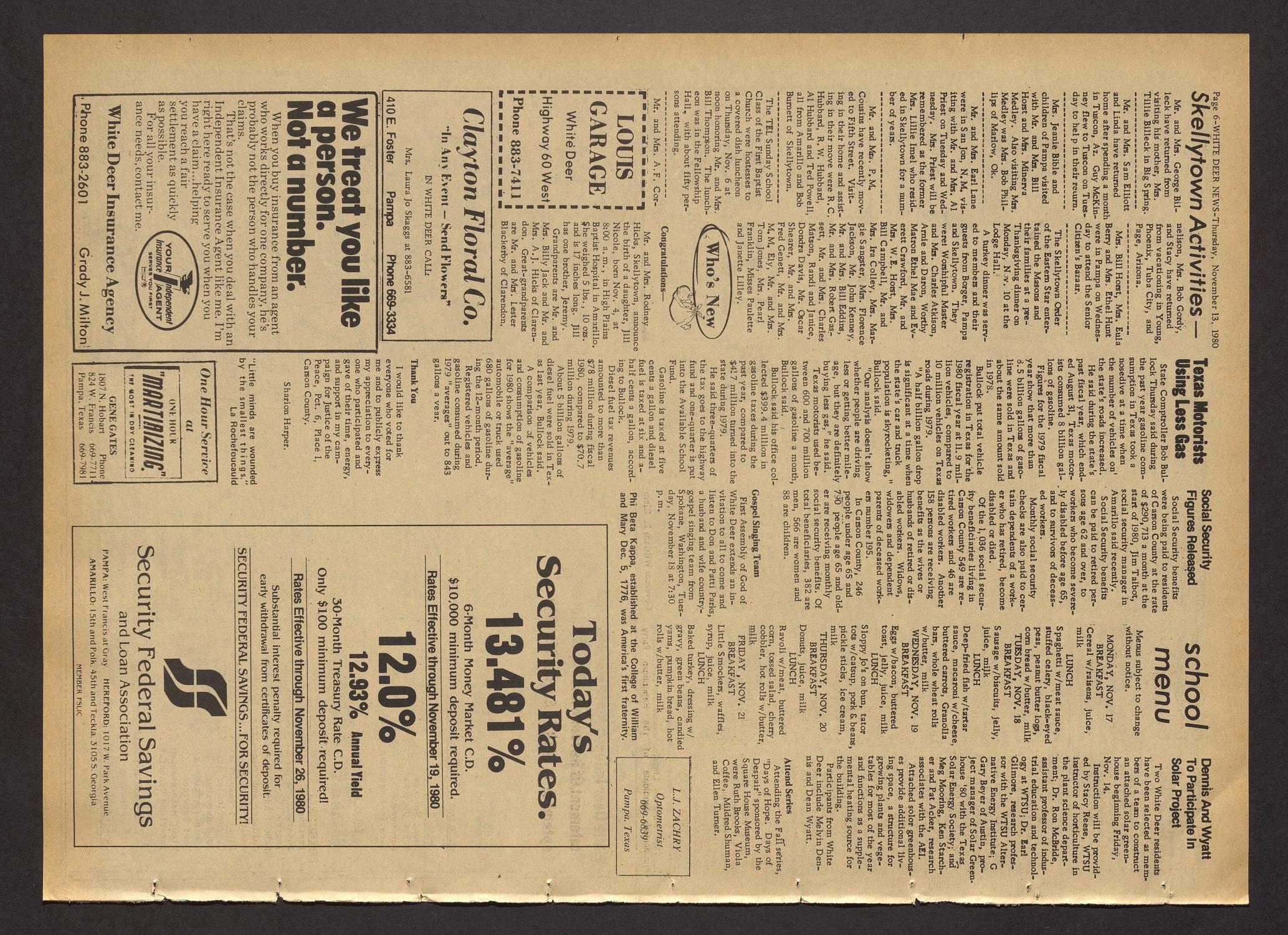 White Deer News (White Deer, Tex.), Vol. 21, No. 34, Ed. 1 Thursday, November 13, 1980
                                                
                                                    [Sequence #]: 6 of 8
                                                