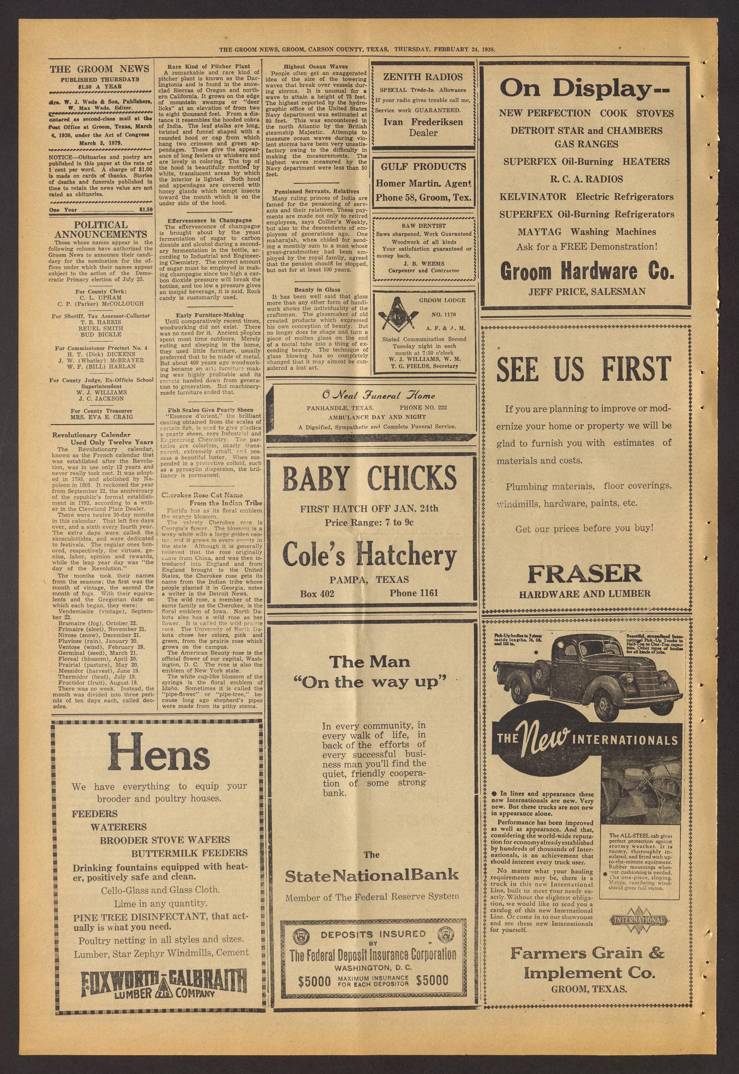 The Groom News (Groom, Tex.), Vol. 12, No. 52, Ed. 1 Thursday, February 24, 1938
                                                
                                                    [Sequence #]: 4 of 8
                                                