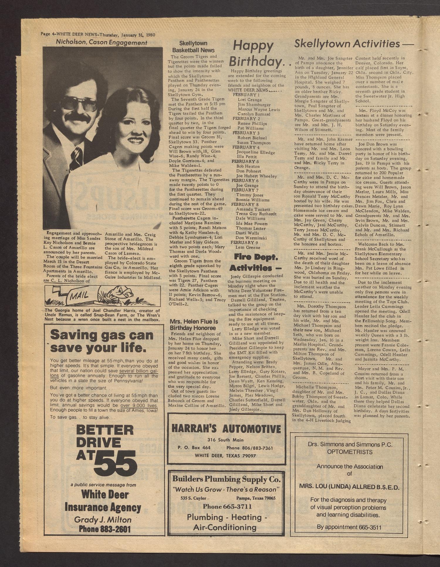 White Deer News (White Deer, Tex.), Vol. 20, No. 46, Ed. 1 Thursday, January 31, 1980
                                                
                                                    [Sequence #]: 4 of 8
                                                