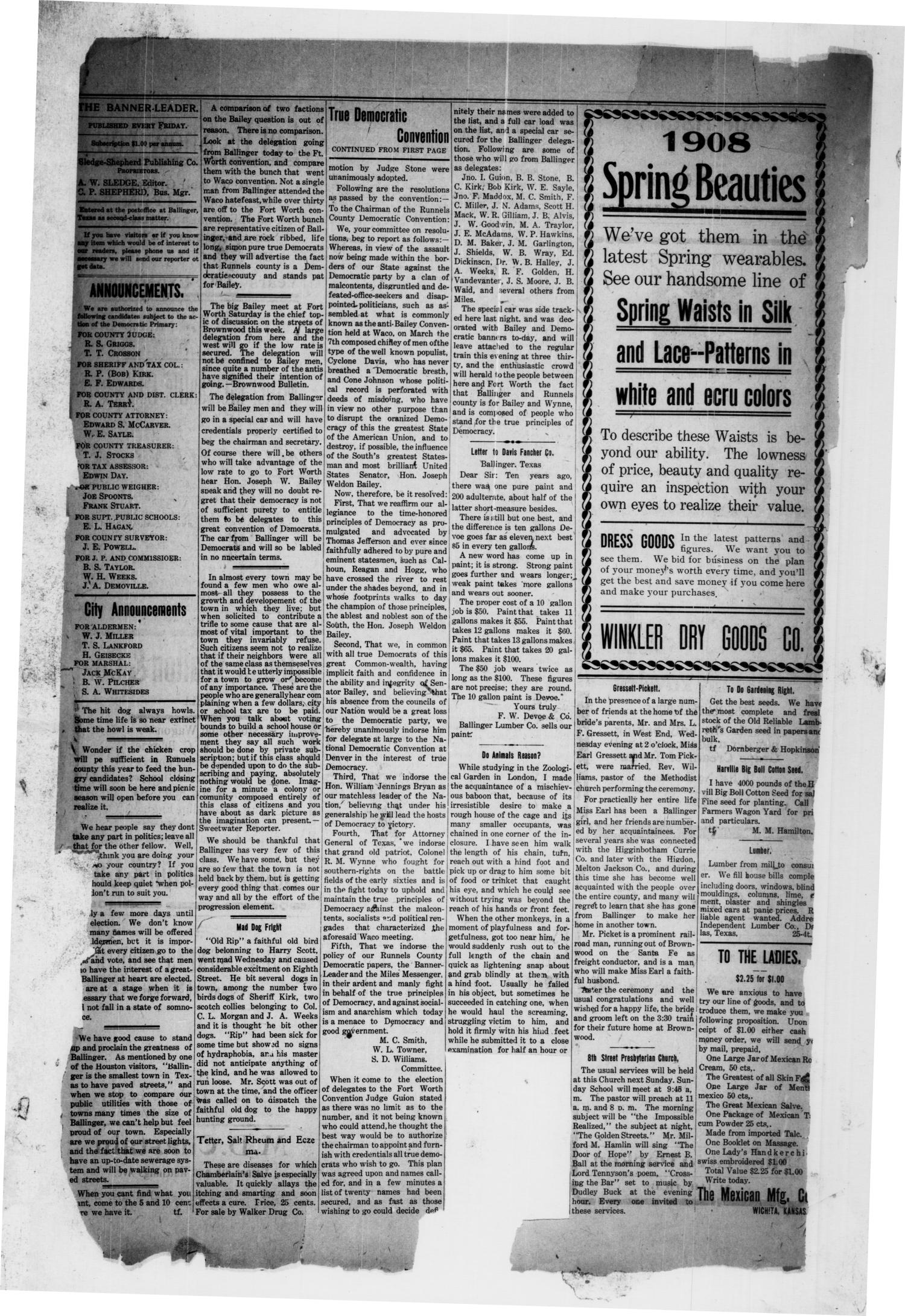 The Banner-Leader. (Ballinger, Tex.), Vol. 27, No. 28, Ed. 1 Friday, March 27, 1908
                                                
                                                    [Sequence #]: 4 of 8
                                                