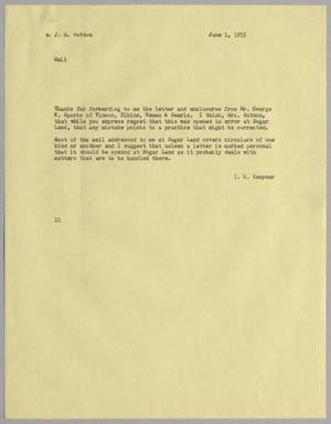 [Letter from I. H. Kempner to J. M. Sutton, June 1, 1955]
