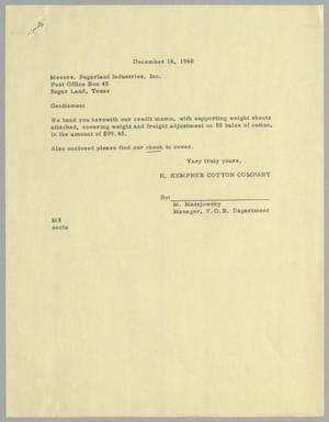 [Letter from H. Kempner Cotton Company to Sugarland Industries, December 16, 1960]