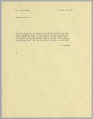 [Letter from I. H. Kempner to R. M. Armstrong, December 12, 1960]
