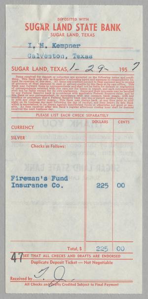 [Sugar Land State Bank Deposit Slip, January 29, 1957]