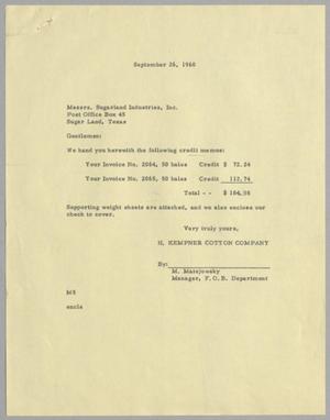 [Letter from H. Kempner Cotton Company to Sugarland Industries, Inc., September 26, 1960]