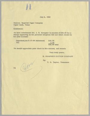 [Letter from H. Kempner Cotton Company to Imperial Sugar Company, July 6, 1960]