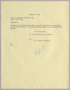 [Letter from T. E. Taylor to Sugarland Industries, Inc., January 7, 1960]