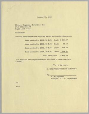 [Letter from M. Matejowsky to Sugarland Industries Inc., October 13, 1960]