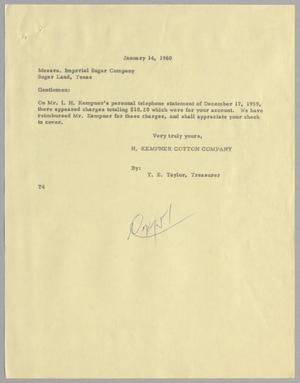 [Letter from H. Kempner Cotton Company to Imperial Sugar Company, January 14, 1960]