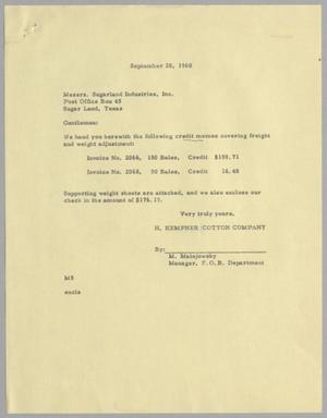 [Letter from H. Kempner Cotton Company to Sugarland Industries, Inc., September 28, 1960]